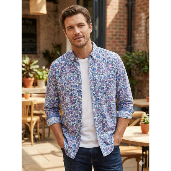 Express Other - Express Men’s Floral Button Down Shirt L Blue Purple Casual